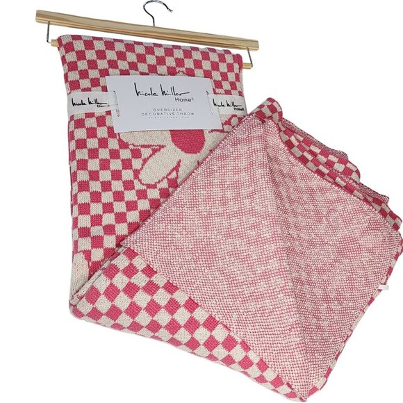 Nicole Miller Cotton Throw Blanket‎ Decorative Oversize Floral And Check 50x70in - Picture 8 of 14